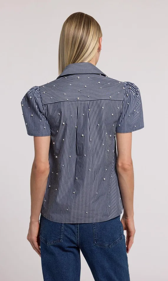 Generation Love Clothing Murphy Pearl Embellished Pinstripe Shirt Navywhite Women Tops