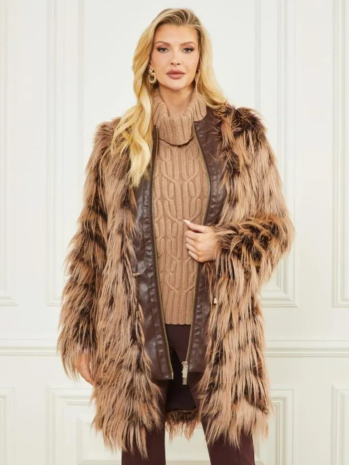 Jackets Women Marciano Dinah Shaggy Coat Dark Bourbon With Classic