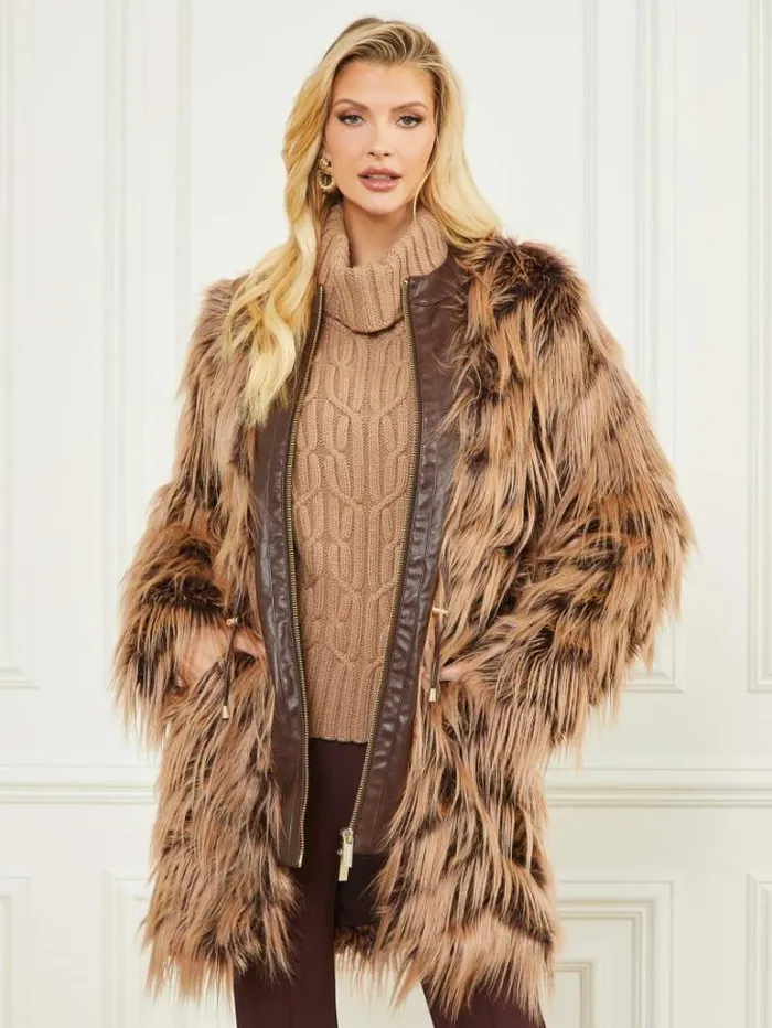 Jackets Women Marciano Dinah Shaggy Coat Dark Bourbon With Classic Jackets Women Marciano Dinah Shaggy Coat Dark Bourbon With Classic