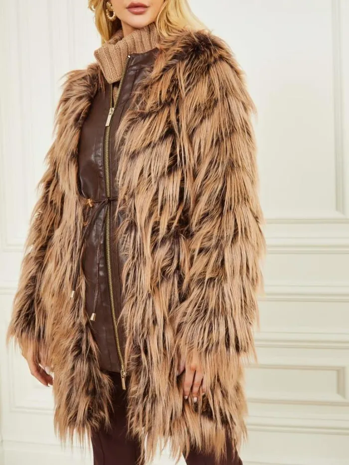 Jackets Women Marciano Dinah Shaggy Coat Dark Bourbon With Classic Jackets Women Marciano Dinah Shaggy Coat Dark Bourbon With Classic