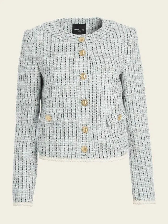 Jackets Women Marciano Provence Tweed Blazer Remarkable Blue Tweed Jackets Women Marciano Provence Tweed Blazer Remarkable Blue Tweed