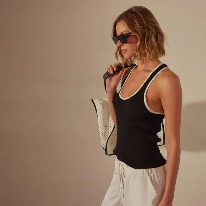 James Perse Tops Stretch Linen Ribbed Tank Blackwhite 8211 Women