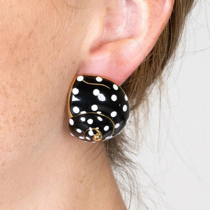 Kenneth Jay Lane Dark Color Earrings Women Black With White Dots Shell Clip Earrings