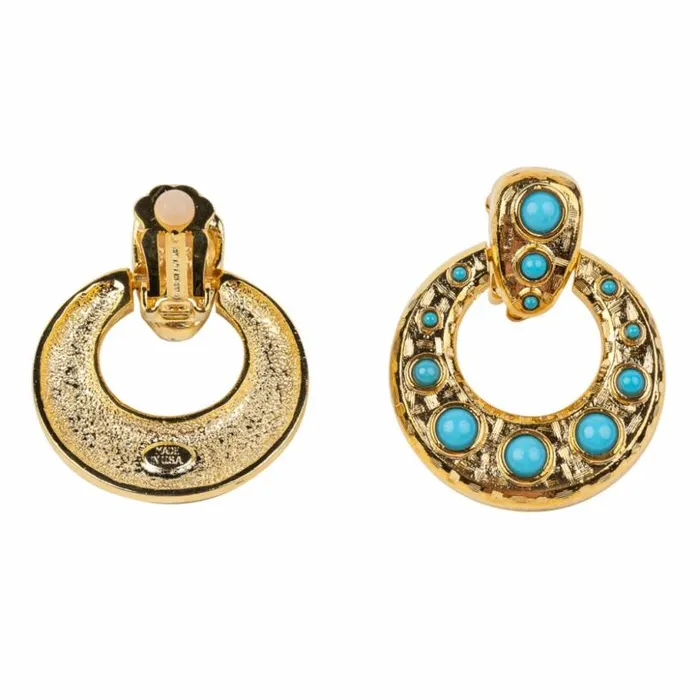Kenneth Jay Lane Light Color Earrings Women Gold Doorknocker Earring With Turquoise Cabochons