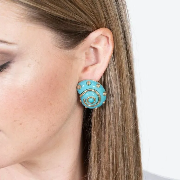 Kenneth Jay Lane Light Color Earrings Women Turquoise With Gold Dots Shell Clip Earrings