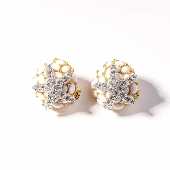 Kenneth Jay Lane Light Color Earrings Women White Cabochons And Starfish Clip Earring