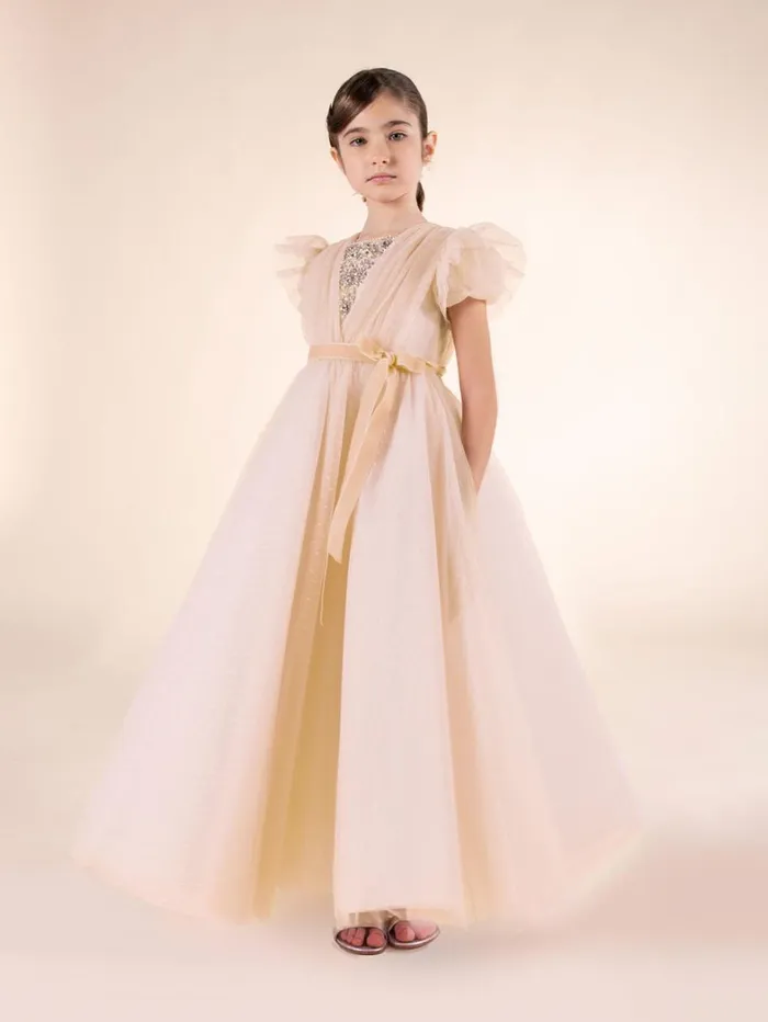 Kids Marchesa Gowns Embellished Plumentis Gown Beige