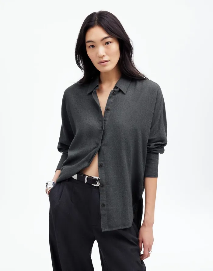 Madewell Heathered Flannel Dolman ButtonUp Shirt Charcoal Melange Women Tops and Shirts