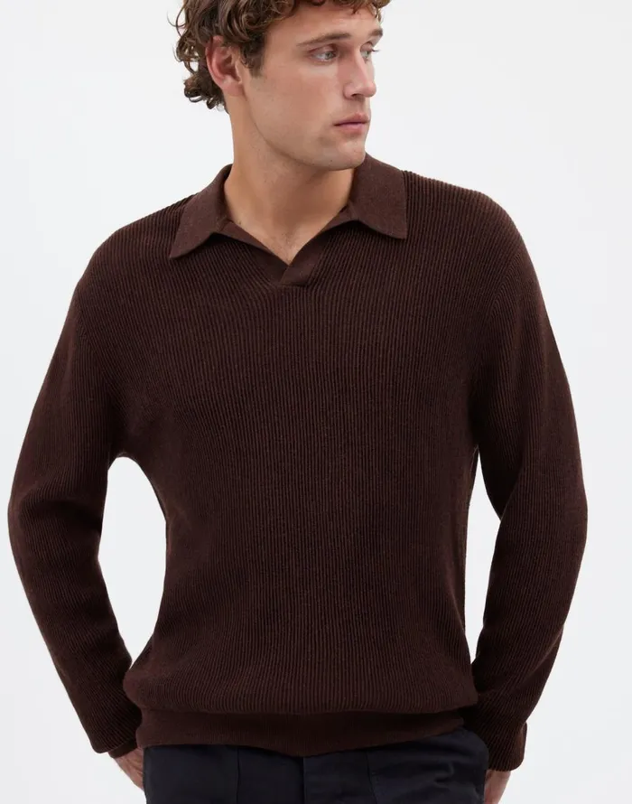 Madewell JohnnyCollar Sweater Polo Shirt In Merino Wool Hthr Chocolate Men Shirts
