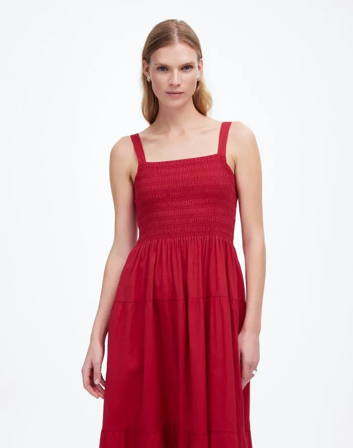 Madewell Smocked Tiered Maxi Dress Solid Crimson Berry Women Dresses