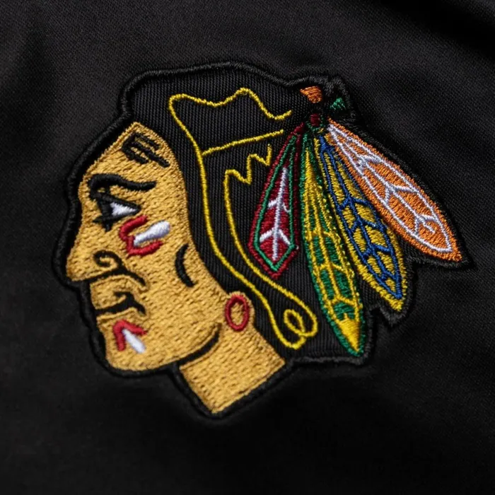 Men039s Jackets and Outerwear Mitchell and Ness Special Script Light Weight Satin Jacket Chicago Blackhawks Men039s Jackets and Outerwear Mitchell and Ness Special Script Light Weight Satin Jacket Chicago Blackhawks