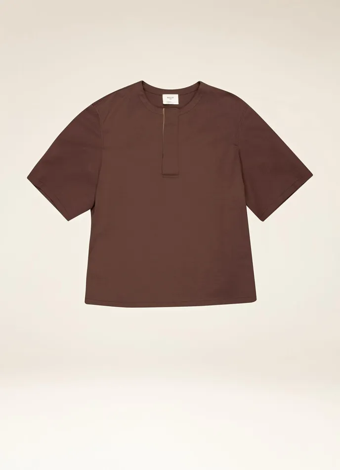 Men Bally Shirts And TShirts Collarless Polo Shirt 8211 Cotton Mix Top In Ebony Brown