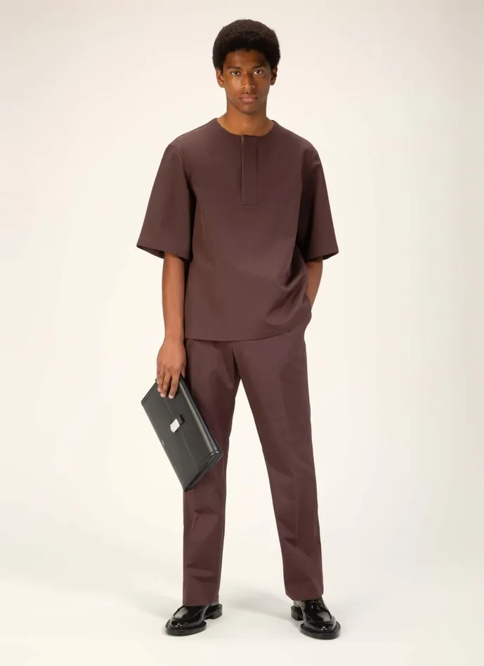Men Bally Shirts And TShirts Collarless Polo Shirt 8211 Cotton Mix Top In Ebony Brown