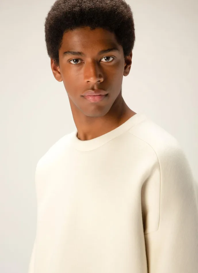 Men Bally Tracksuits Crew Neck Sweatshirt 8211 Mixed Wool and Cotton Top In Bone