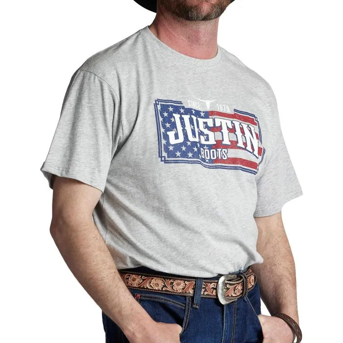 MEN Justin License Plate Flag Tee Grey Justin Boots TShirts and Polos