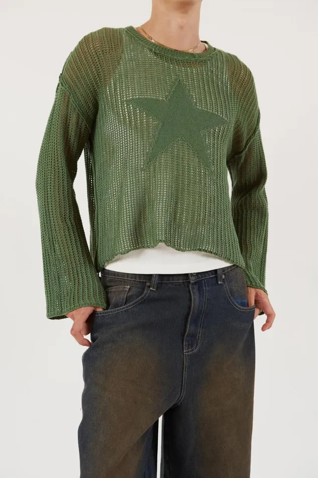 Men Khaki Star Loose Knit Jumper Jaded London Knitwear Men Khaki Star Loose Knit Jumper Jaded London Knitwear