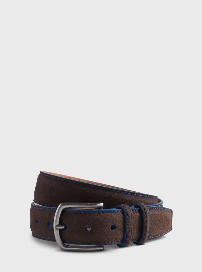 Men Paul Stuart Belts Suede Belt With Contrast Stitching Dark Brown