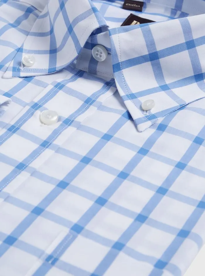 Men Paul Stuart Dress Shirts Oversized Windowpane Cotton Dress Shirt Blue