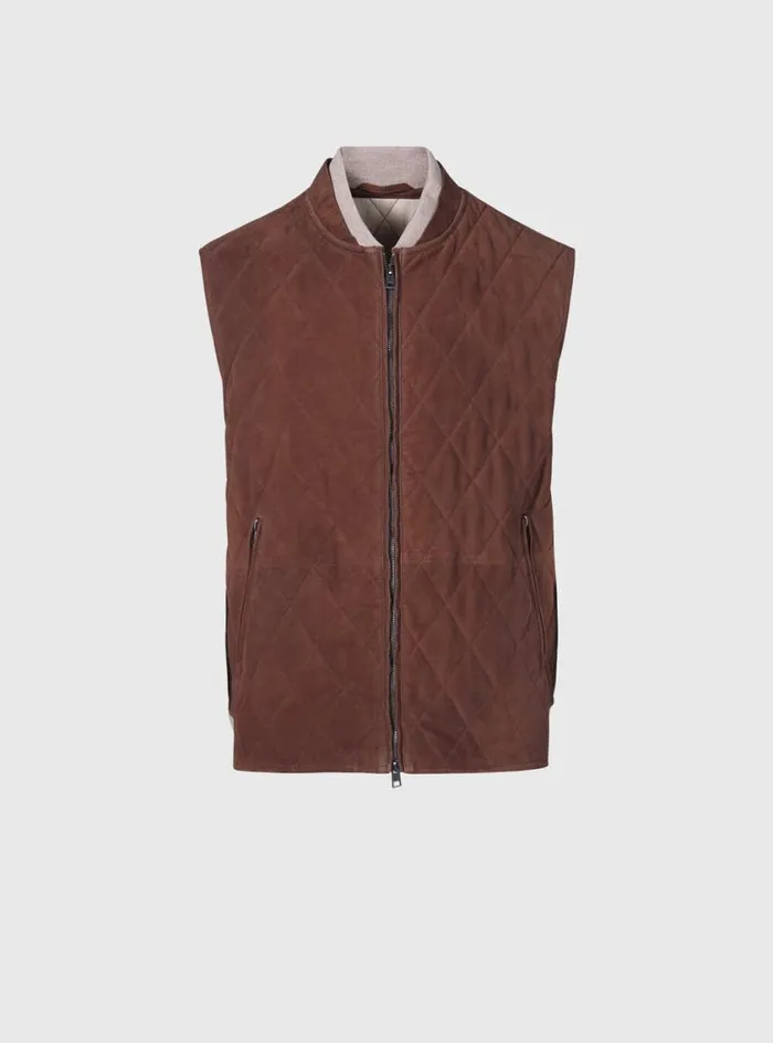 Men Paul Stuart Outerwear Quilted Suede Vest Taupe