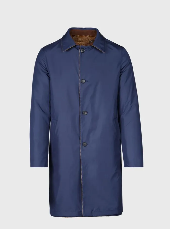 Men Paul Stuart Outerwear Shetland Wool Herringbone Reversible Coat Navygold