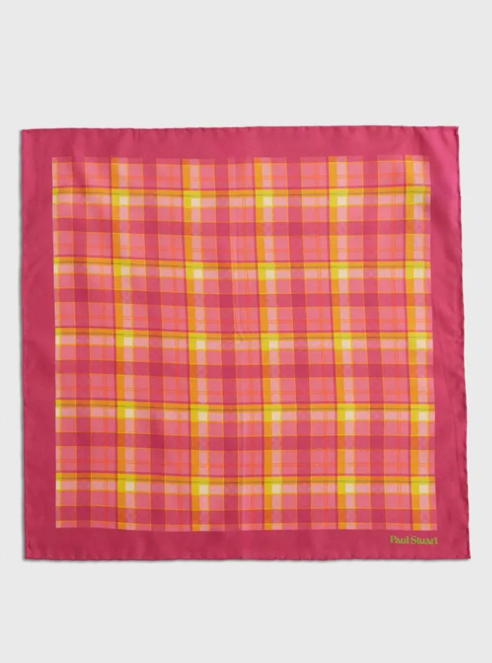 Men Paul Stuart Pocket Squares Habotai Silk Plaid Pocket Square Berry