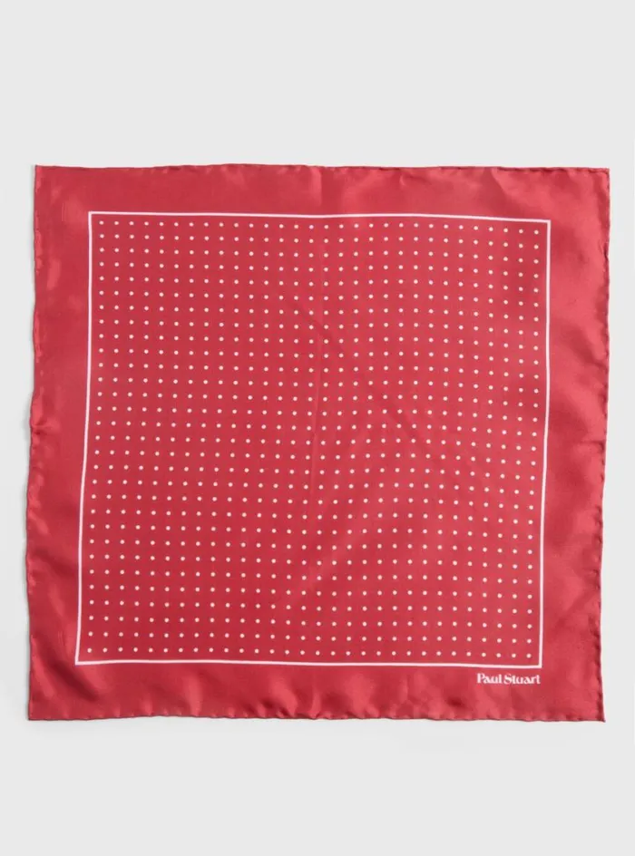 Men Paul Stuart Pocket Squares Silk Twill Dot Print Pocket Square Redwhite