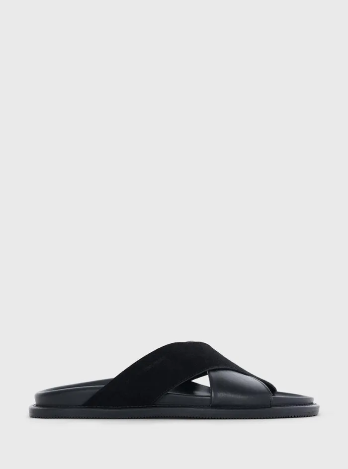 Men Paul Stuart Sandals Punta Leather and Suede Crossover Slide Black