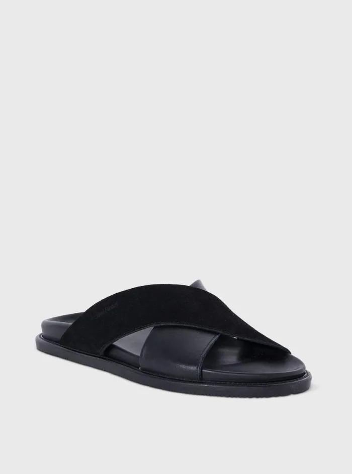 Men Paul Stuart Sandals Punta Leather and Suede Crossover Slide Black