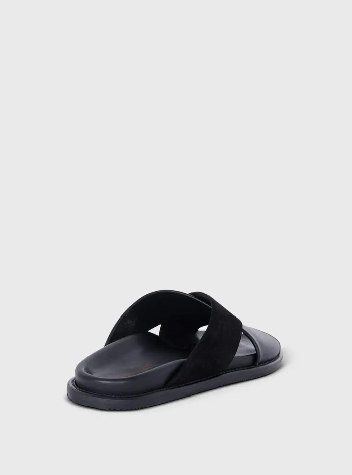 Men Paul Stuart Sandals Punta Leather and Suede Crossover Slide Black