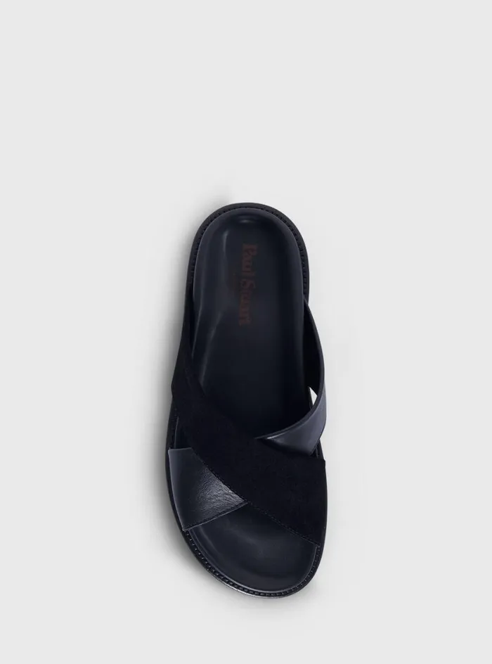 Men Paul Stuart Sandals Punta Leather and Suede Crossover Slide Black