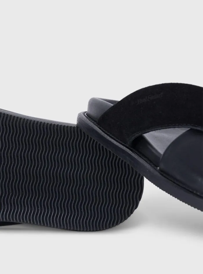 Men Paul Stuart Sandals Punta Leather and Suede Crossover Slide Black