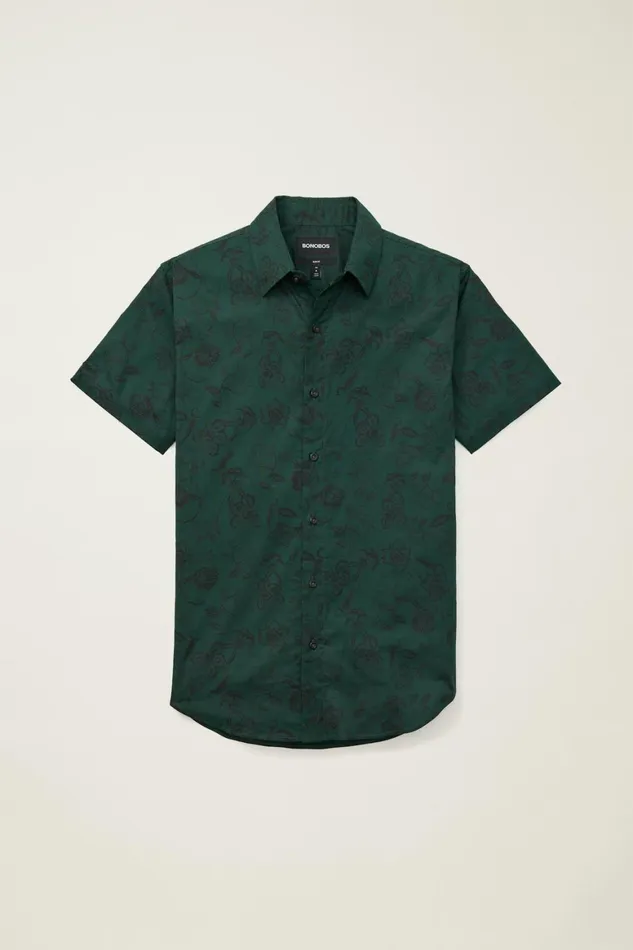 Men Riviera Short Sleeve Shirt Black Olive Macro Floral Bonobos Casual Shirts