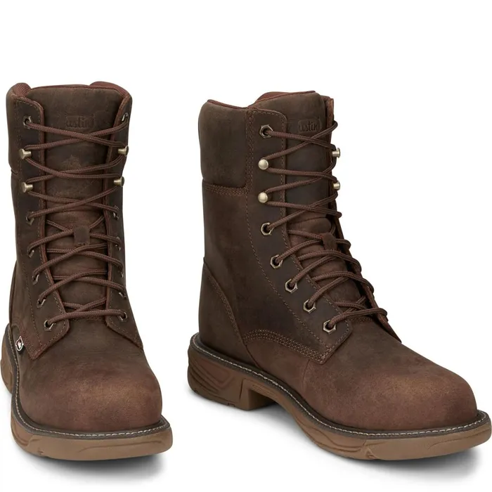 MEN Rush 8034 Lace UP Nano Comp Toe Waterproof Pecan Brown Justin Boots Work
