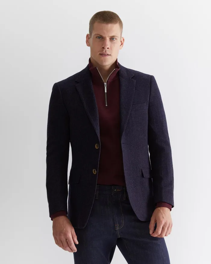 Men Sportscraft Jackets and Blazers Herringbone Wool Blazer Navy Melange