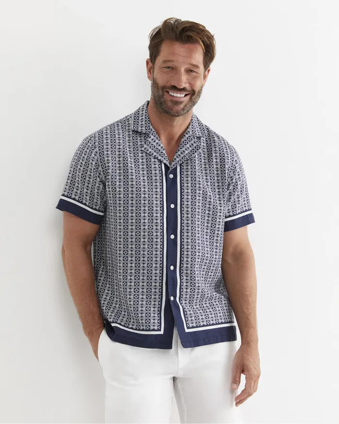 Men Sportscraft Shirts Paddington Short Sleeve Linen Blend Shirt Navy