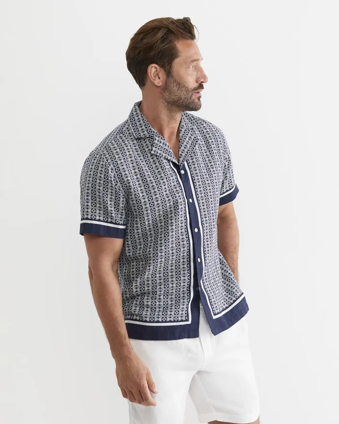 Men Sportscraft Shirts Paddington Short Sleeve Linen Blend Shirt Navy