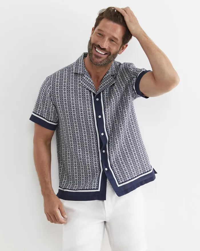 Men Sportscraft Shirts Paddington Short Sleeve Linen Blend Shirt Navy