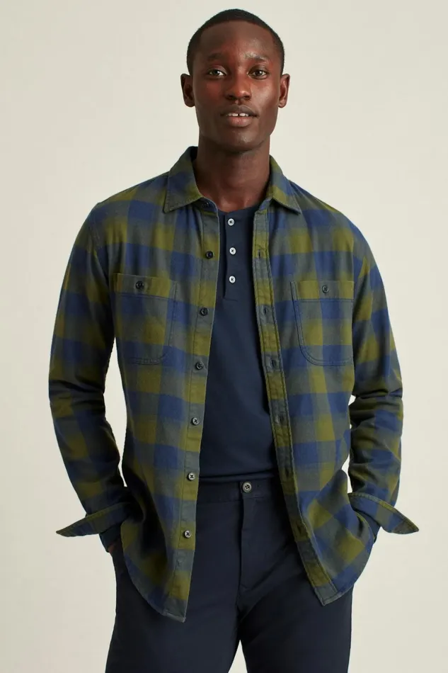 Men Stretch Flannel Shirt Deep Green Plaid Bonobos Casual Shirts