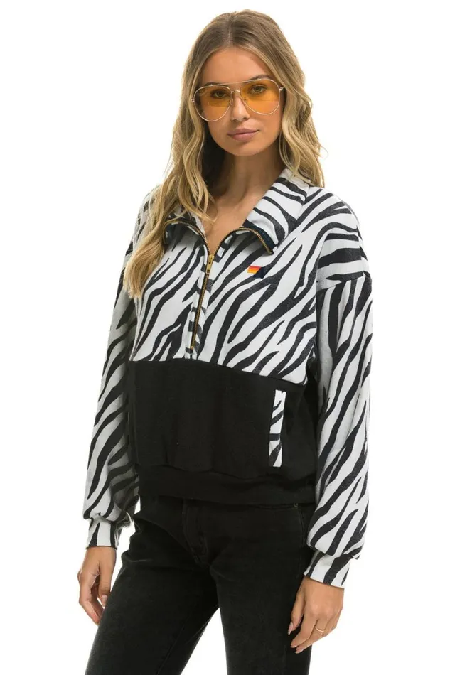 Men Sweatshirts Aviator Nation Zebra Fleece Unisex Half Zip Color Block Jacket 8211 Zebra