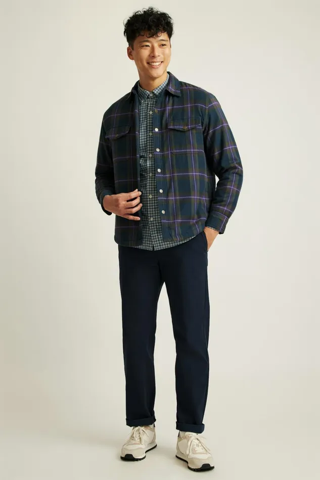 Men Teddy Fleece Lined Shacket Violet Navy Plaid Bonobos Casual Shirts