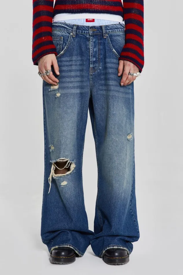 Men Washed Blue Busted Flare Colossus Jeans Jaded London Bootcut Jeans