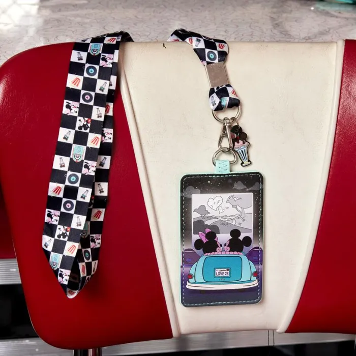 Mickey and Minnie Date Night DriveIn Lanyard With Card Holder Unisex Loungefly Small Accessories Mickey and Minnie Date Night DriveIn Lanyard With Card Holder Unisex Loungefly Small Accessories