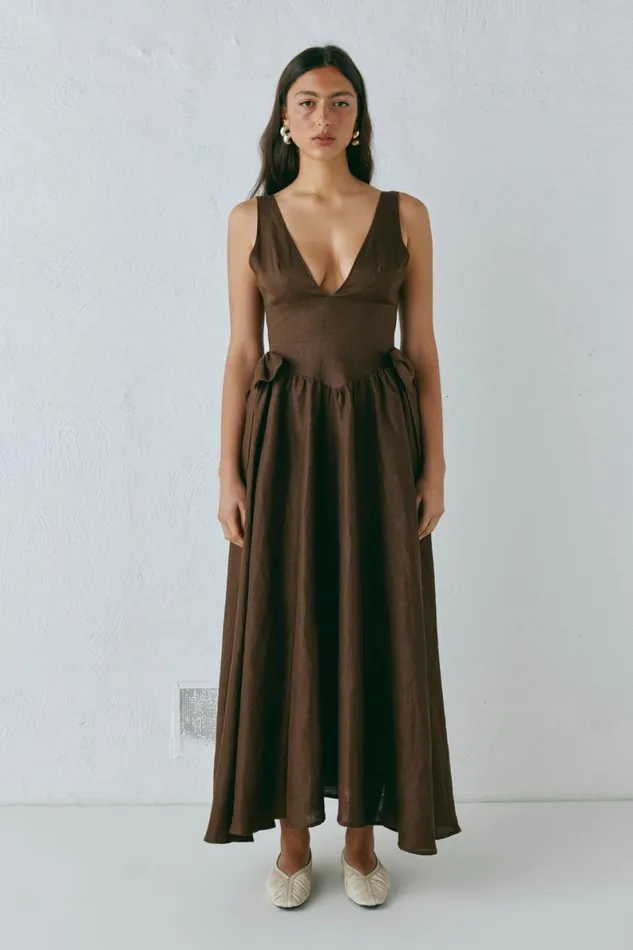 MidiMaxi Dresses Women VRG GRL Daphne Linen Midi Dress Chocolate MidiMaxi Dresses Women VRG GRL Daphne Linen Midi Dress Chocolate