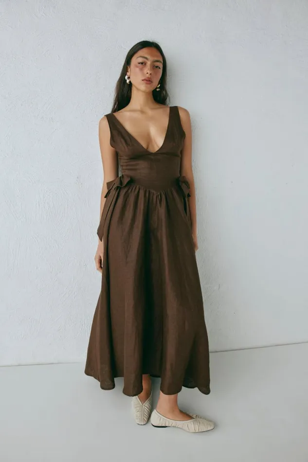 MidiMaxi Dresses Women VRG GRL Daphne Linen Midi Dress Chocolate MidiMaxi Dresses Women VRG GRL Daphne Linen Midi Dress Chocolate