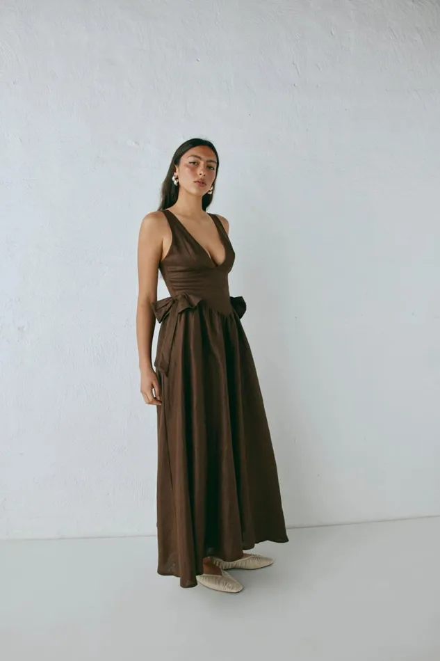 MidiMaxi Dresses Women VRG GRL Daphne Linen Midi Dress Chocolate MidiMaxi Dresses Women VRG GRL Daphne Linen Midi Dress Chocolate