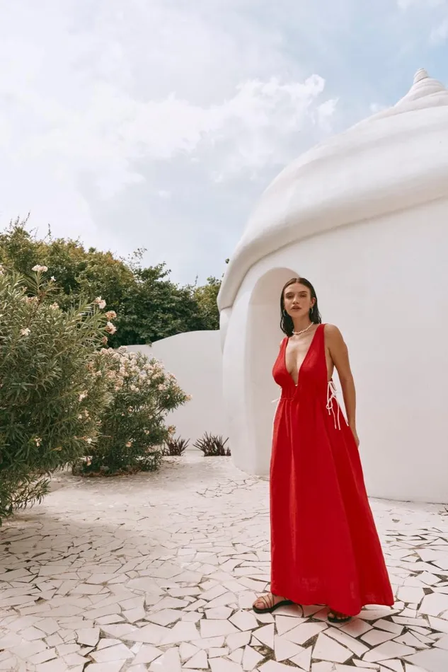 MidiMaxi Dresses Women VRG GRL Paros Palms Linen Midi Dress Red