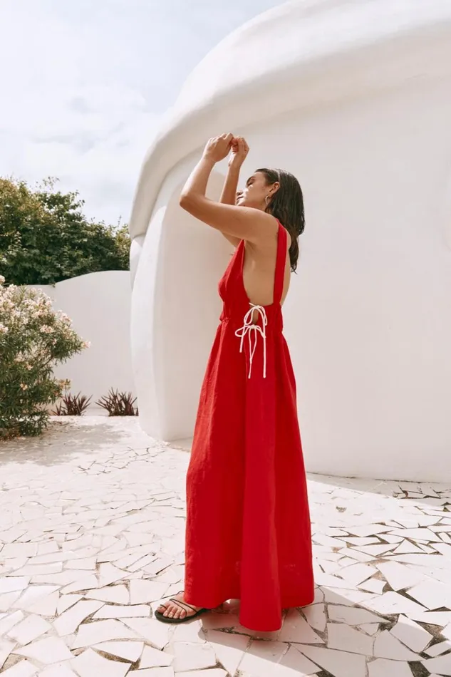 MidiMaxi Dresses Women VRG GRL Paros Palms Linen Midi Dress Red MidiMaxi Dresses Women VRG GRL Paros Palms Linen Midi Dress Red