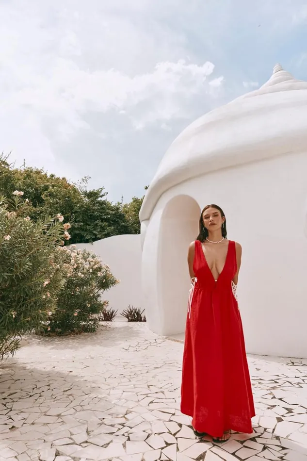 MidiMaxi Dresses Women VRG GRL Paros Palms Linen Midi Dress Red MidiMaxi Dresses Women VRG GRL Paros Palms Linen Midi Dress Red