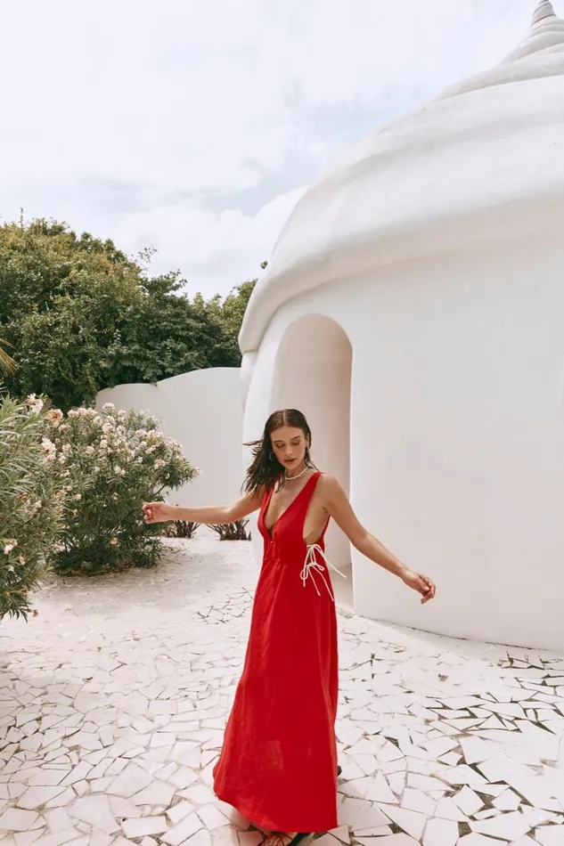 MidiMaxi Dresses Women VRG GRL Paros Palms Linen Midi Dress Red MidiMaxi Dresses Women VRG GRL Paros Palms Linen Midi Dress Red