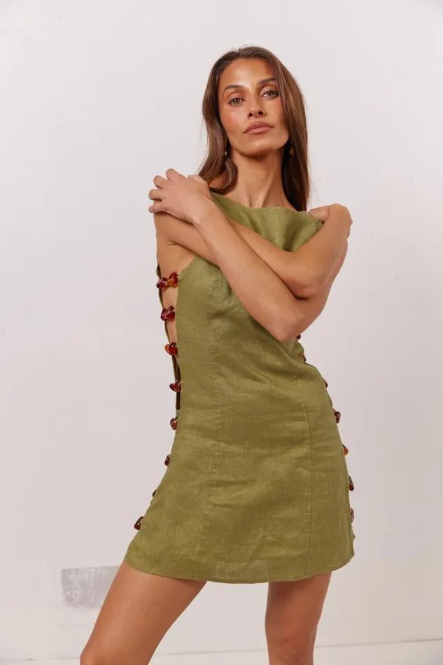 Mini Dresses Women VRG GRL Tia Linen Mini Dress Olive Mini Dresses Women VRG GRL Tia Linen Mini Dress Olive